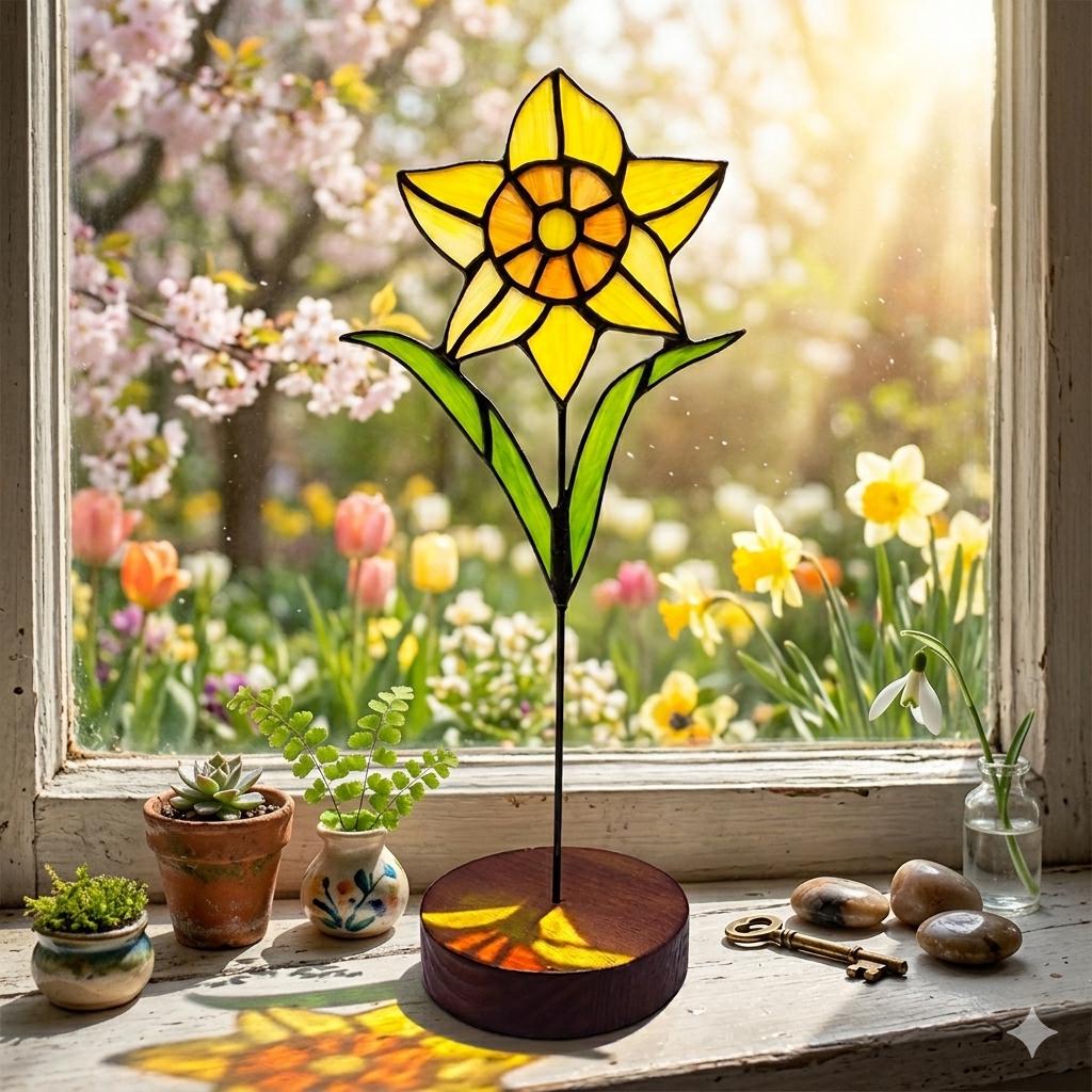 May include: A stained glass daffodil ornament featuring bright yellow petals and a green stem, mounted on a circular dark wood base. The flower is constructed from individual glass segments with dark lead lines, casting a yellow light reflection.