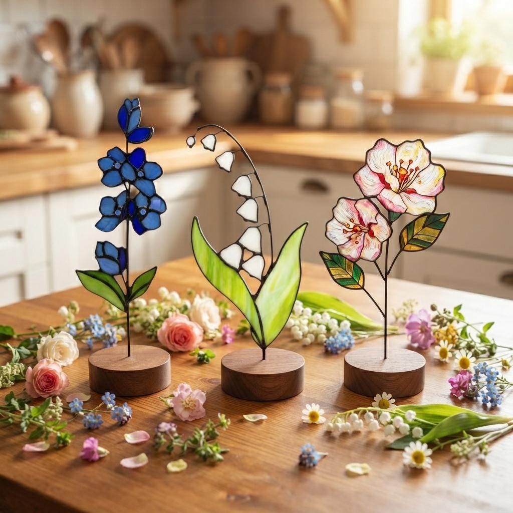 May include: Three stained glass flower sculptures on round wooden bases. The left features blue blossoms with green leaves, the center shows white lily of the valley bells with green foliage, and the right displays pink and white flowers with green leaves.