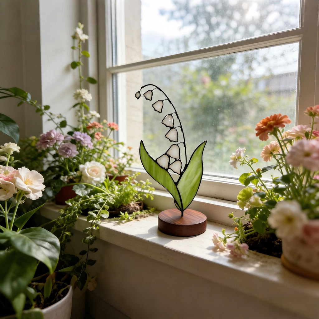 May include: A stained glass lily of the valley ornament featuring white bell-shaped flowers and light green leaves with black metal outlines, mounted on a circular dark brown wooden base, positioned upright on a window sill.