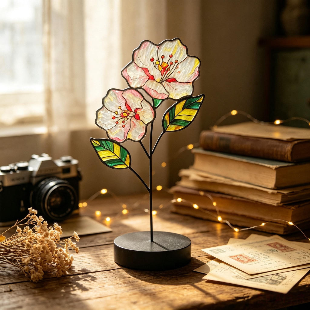 May include: A stained glass flower sculpture featuring two pale pink blossoms with yellow centers and green-striped leaves, supported by a thin black metal stem and a circular black base, creating a decorative botanical display piece.