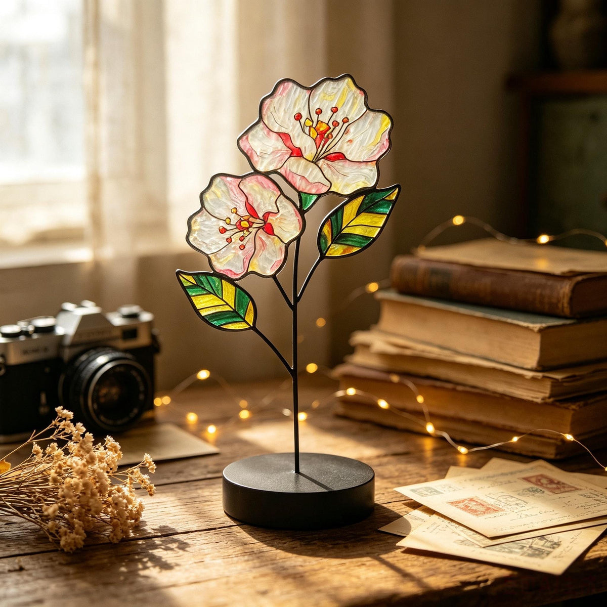 May include: A stained glass flower sculpture featuring two pale pink blossoms with yellow centers and green-striped leaves, supported by a thin black metal stem and a circular black base, creating a decorative botanical display piece.