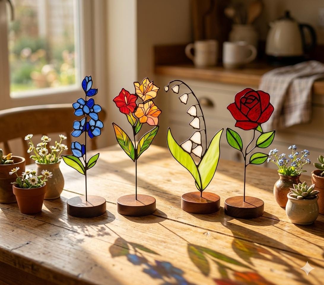 May include: A collection of stained glass flower sculptures, including blue delphiniums, red and orange blooms, white lily of the valley, and a red rose. Each flower is mounted on a thin metal stem and a round wooden base. The flowers are displayed on a wooden table.