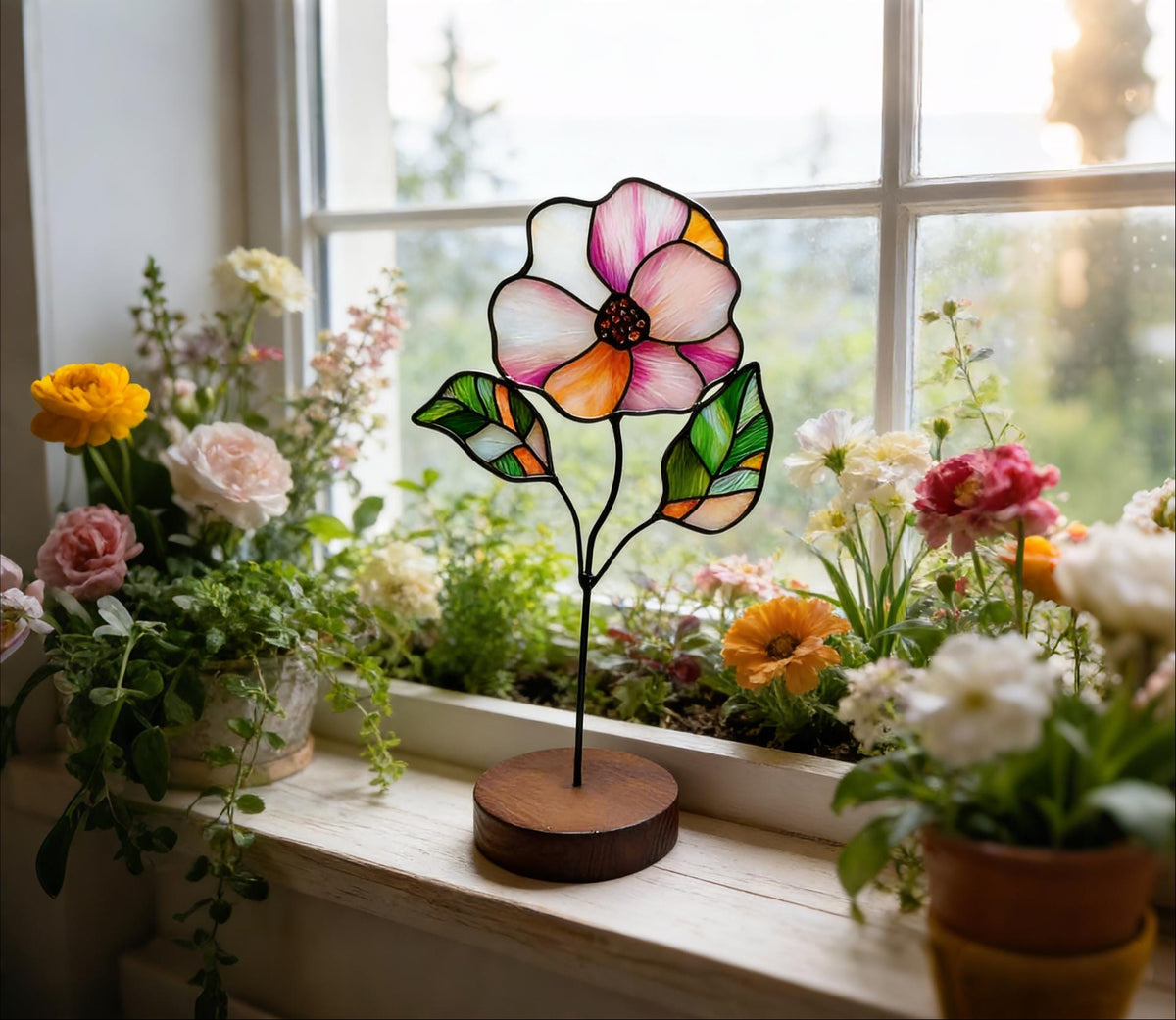 May include: A stained glass flower ornament featuring translucent white, pink, and orange petals with a dark center, supported by a thin black metal stem and two green leaves, all mounted on a circular wooden base for tabletop display.