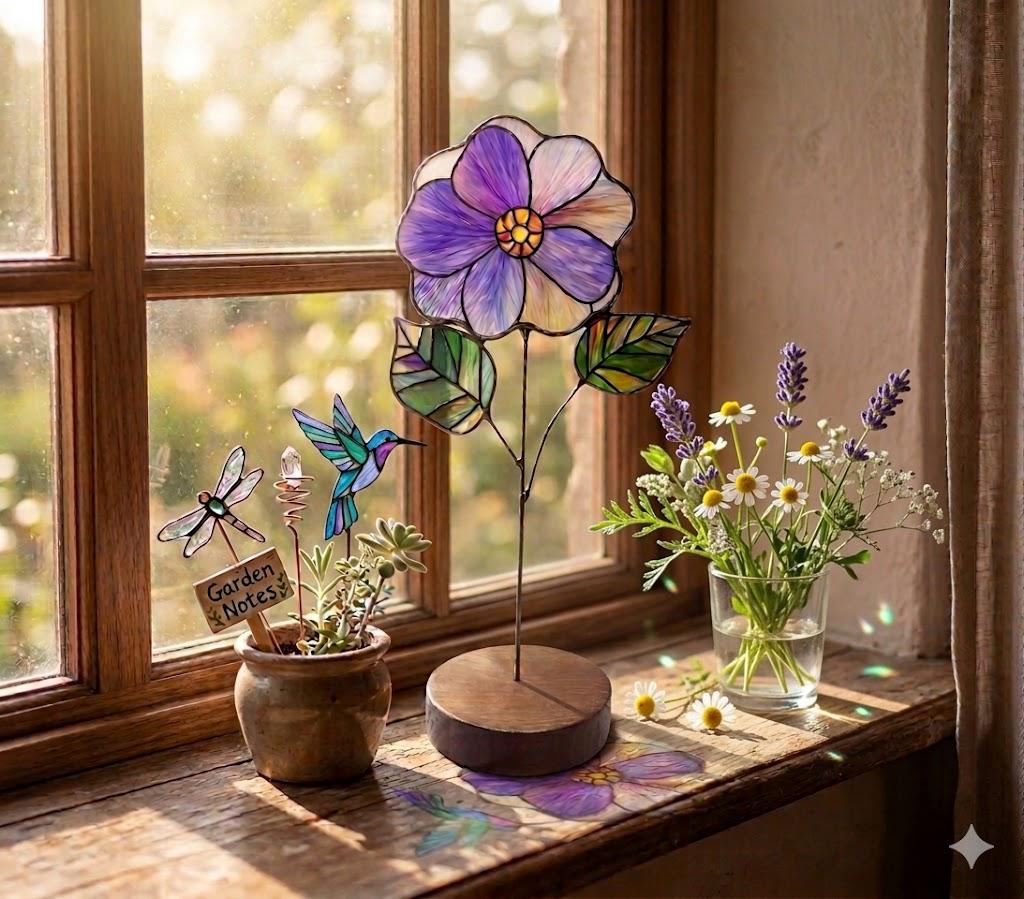 May include: A stained glass purple flower on a wooden base, a small ceramic pot containing a stained glass dragonfly, a hummingbird, a crystal, and a wooden sign labeled Garden Notes, and a glass vase filled with lavender and chamomile flowers.