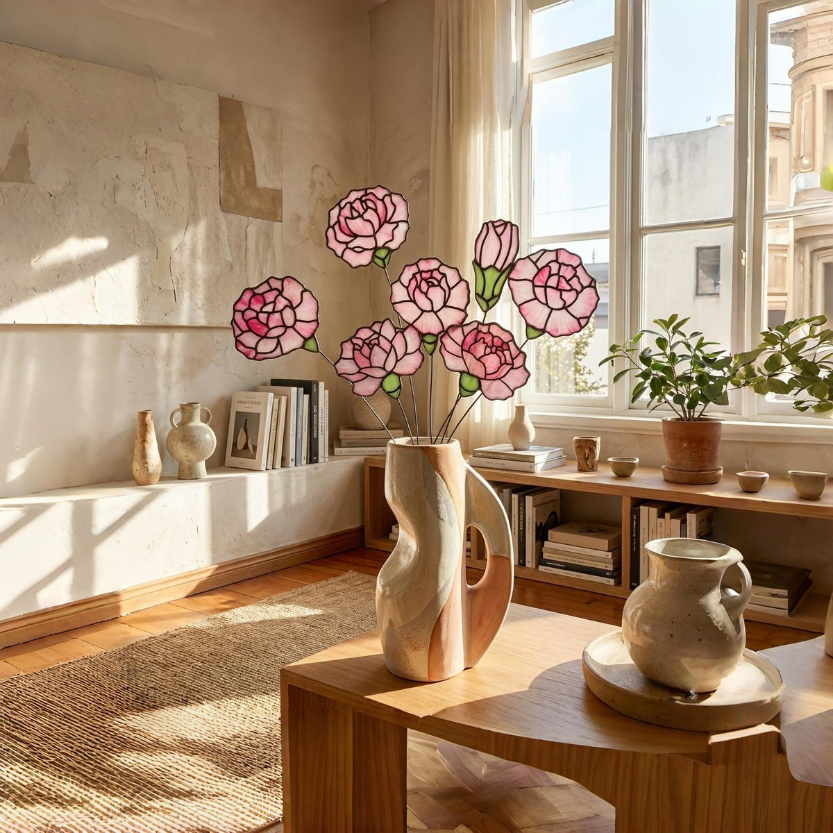 May include: A decorative vase holds a bouquet of pink glass flowers with black outlines. The vase is a cream color with a brown accent. The flowers are in front of a window with sunlight streaming in, and a wooden table.