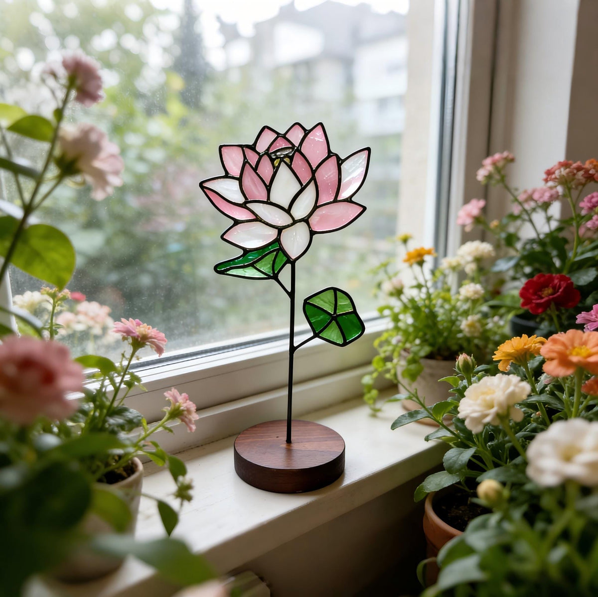 May include: A stained glass lotus flower sculpture featuring pink and white petals with a green leaf, mounted on a thin black metal stem and a circular dark wood base. The flower is positioned on a white windowsill with potted plants nearby.