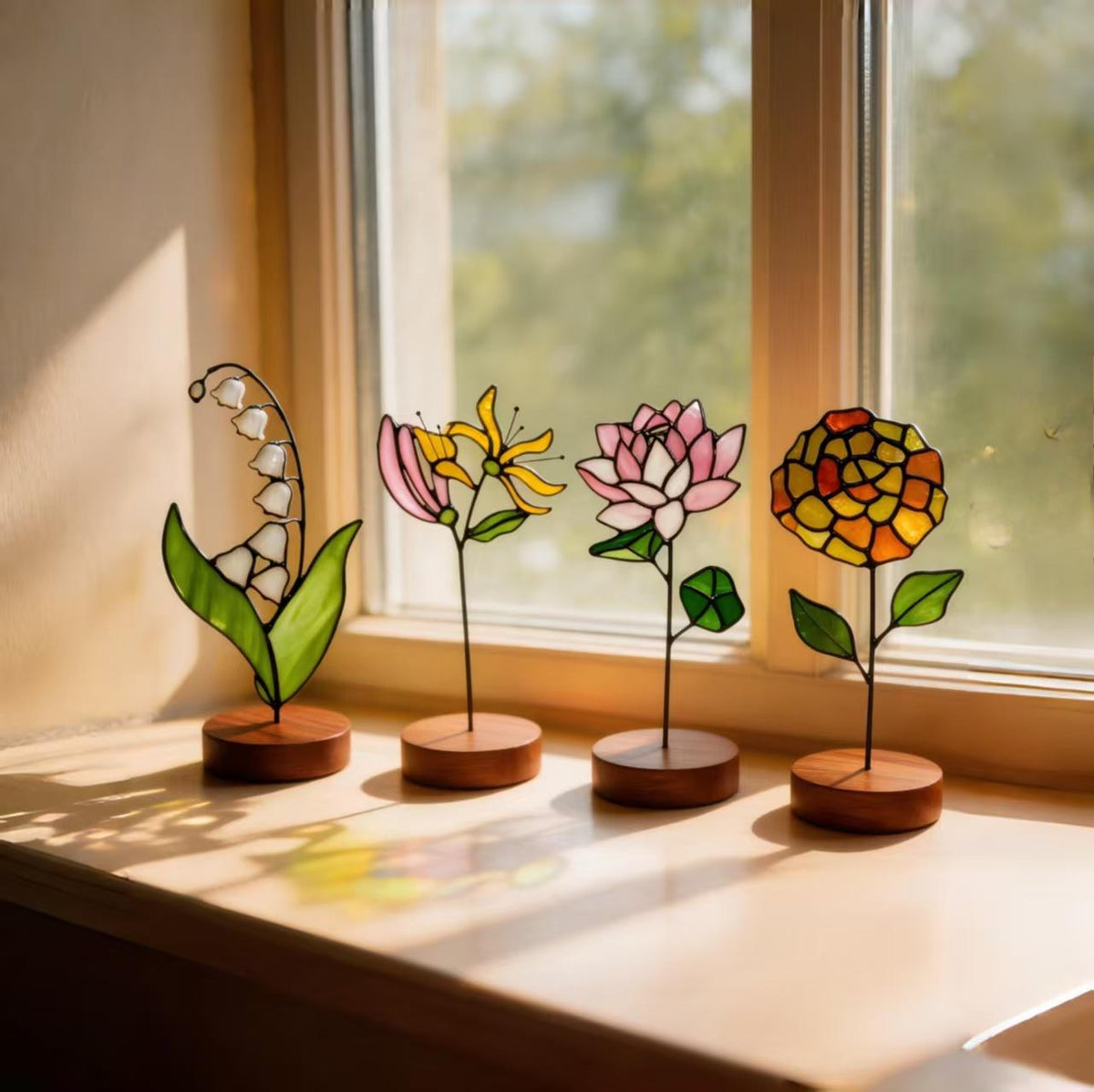 May include: Four stained glass flower sculptures on circular wooden bases. The set includes a white lily of the valley, a yellow lily, a pink lotus, and an orange and yellow marigold, each featuring thin metal stems and green glass leaves.