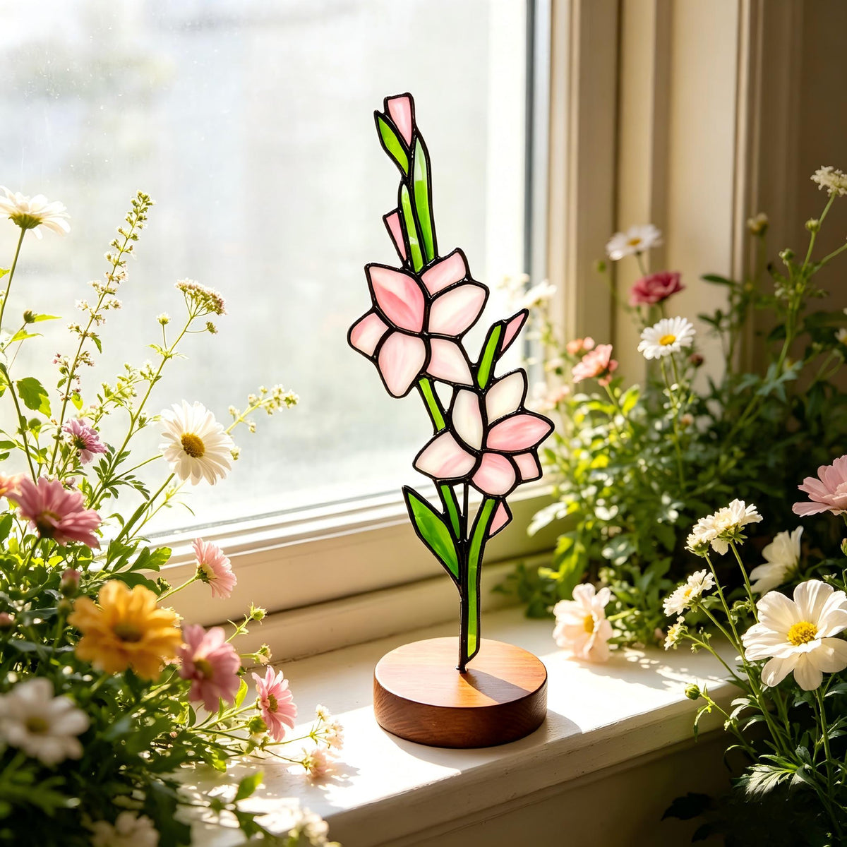 May include: A stained glass flower sculpture featuring two light pink blossoms with dark outlines and green stems, mounted on a circular wooden base. The piece is constructed with individual glass segments joined by dark metal solder lines.
