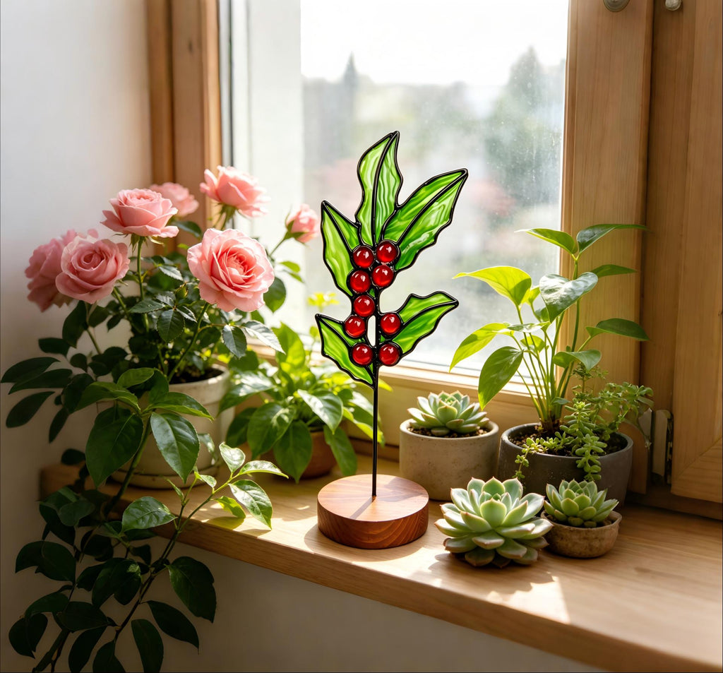 May include: A stained glass holly sprig ornament featuring green leaves with black lead lines and bright red berries. The ornament is mounted on a thin black metal rod attached to a circular, light-toned wooden base, standing upright.