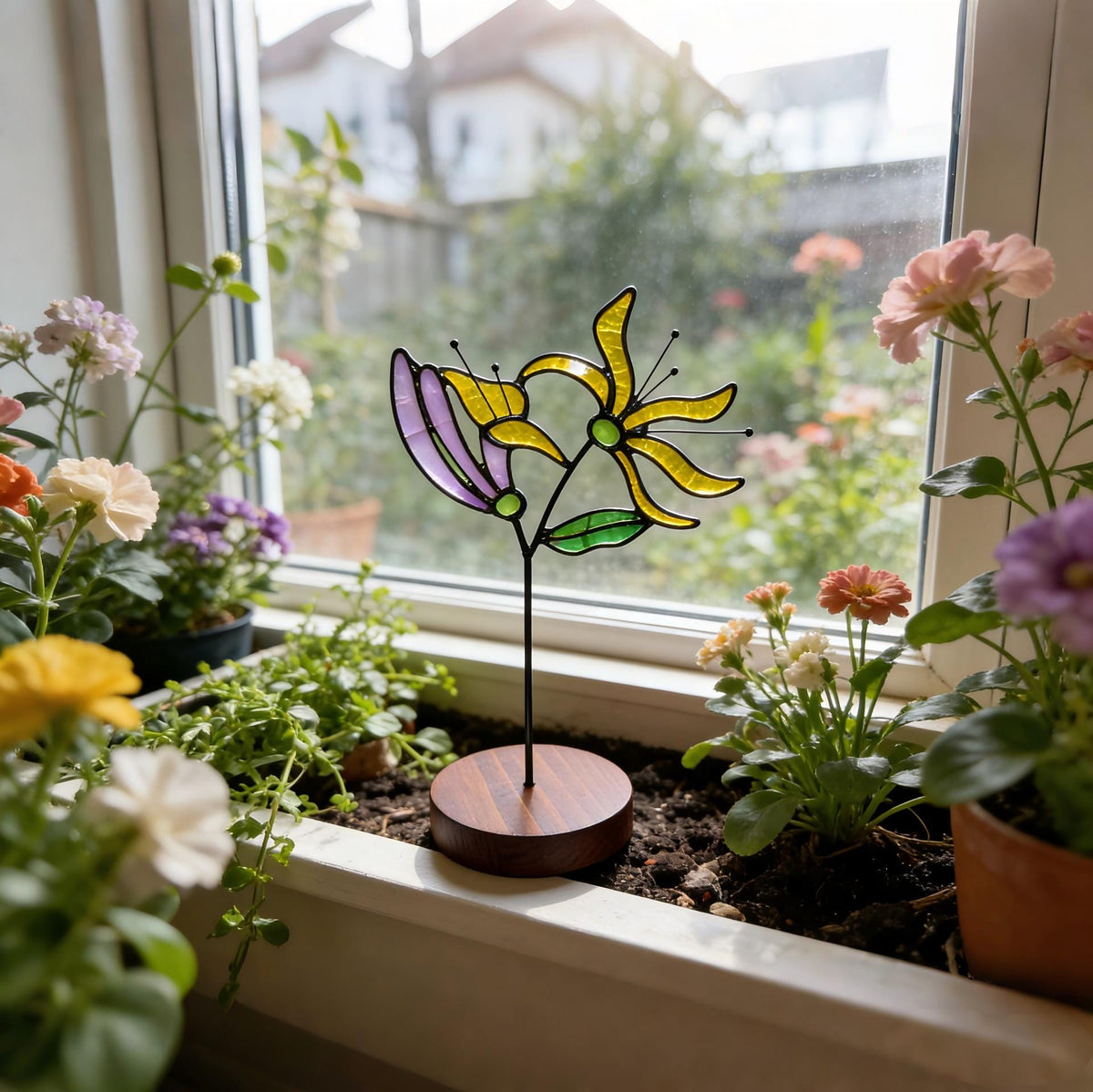May include: A stained glass flower sculpture featuring yellow and lavender petals with green leaves, supported by a thin black metal stem attached to a circular dark brown wooden base, displayed on a window sill among various potted plants.