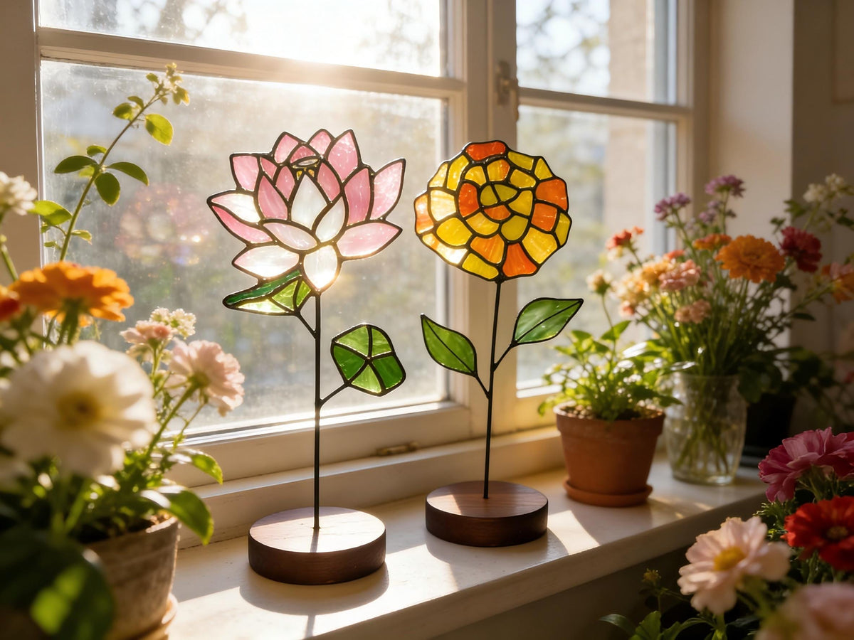 May include: Two stained glass flower sculptures stand on circular wooden bases. One sculpture features a pink lotus-like bloom with green leaves, while the other displays a yellow and orange marigold-style flower with green leaves on thin metal stems.