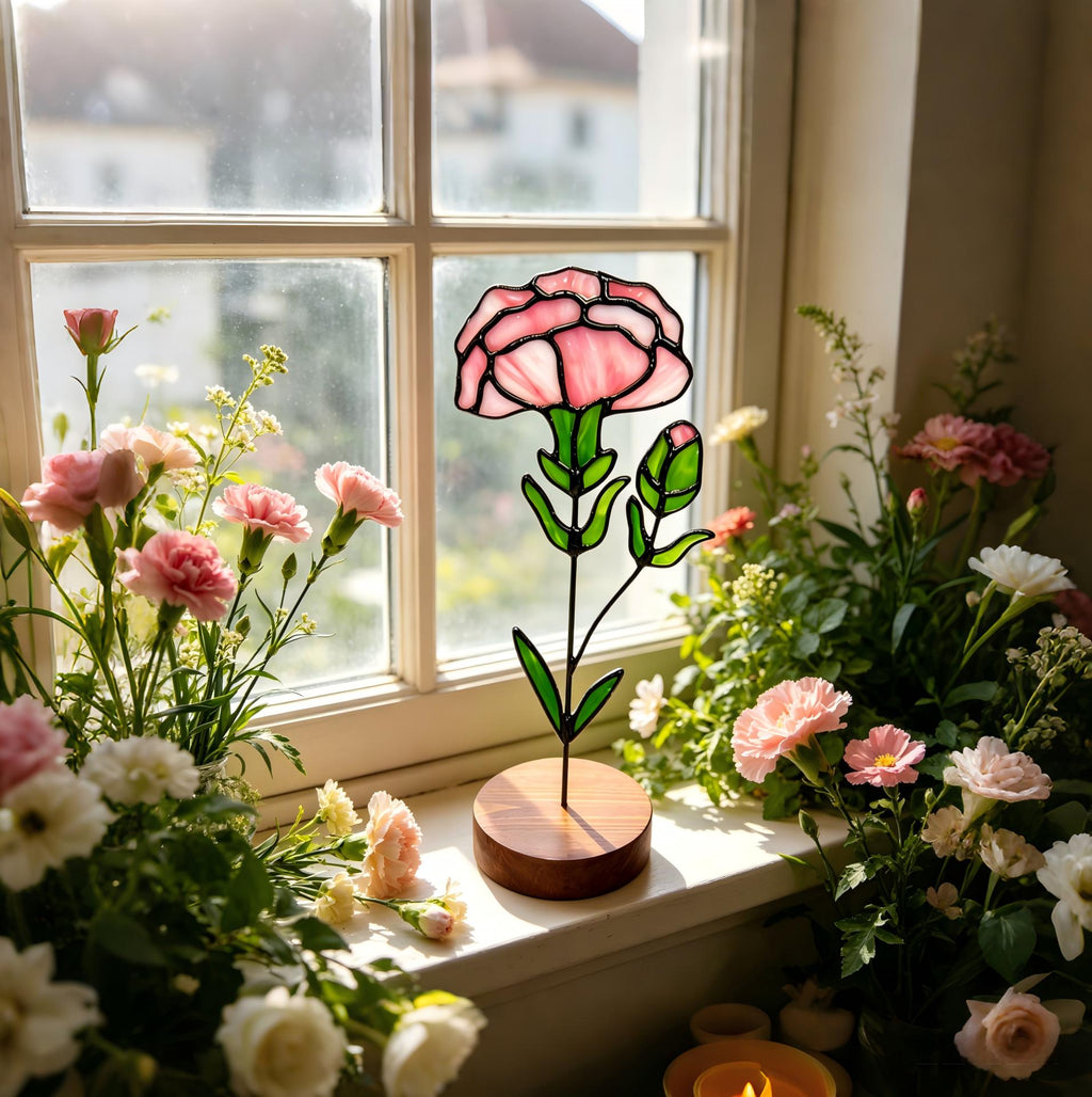 May include: A stained glass carnation flower sculpture featuring a pink bloom and green leaves with black metal soldering, mounted on a circular wooden base, positioned on a window sill surrounded by fresh pink and white carnation flowers.
