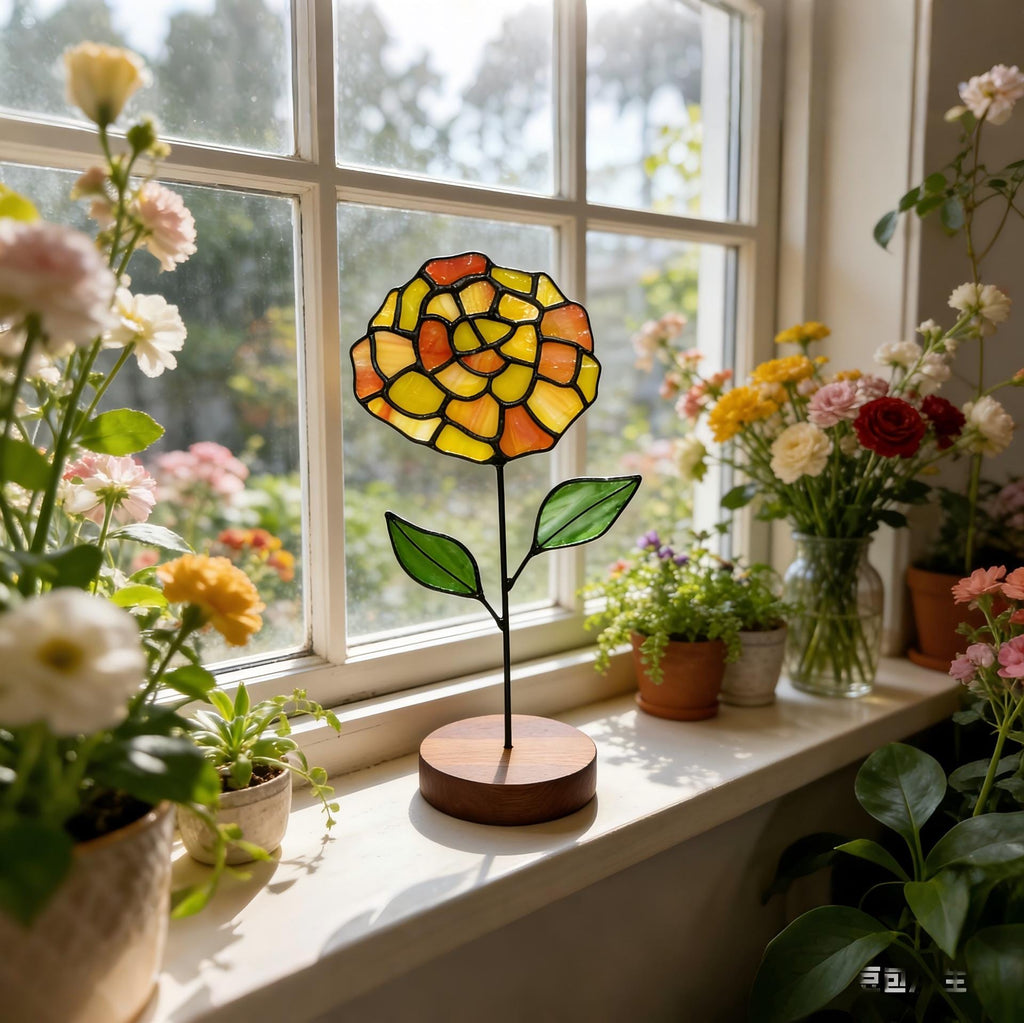 May include: A stained glass flower with yellow, orange, and red petals, green leaves, and a black stem. The flower is mounted on a wooden base. The window sill is decorated with potted plants and flowers.
