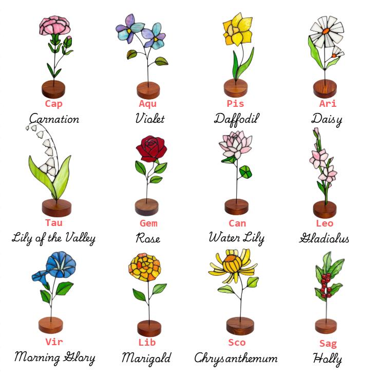 May include: A collection of colorful stained glass flower sculptures, each mounted on a small wooden base. The flowers include a carnation, violet, daffodil, daisy, lily of the valley, rose, water lily, gladiolus, morning glory, marigold, chrysanthemum, and holly.