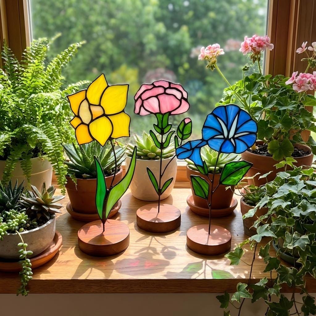 May include: Stained glass flower sculptures in yellow, pink, and blue, each with a metal stem and wooden base. The flowers are displayed on a wooden windowsill, surrounded by potted plants and greenery.