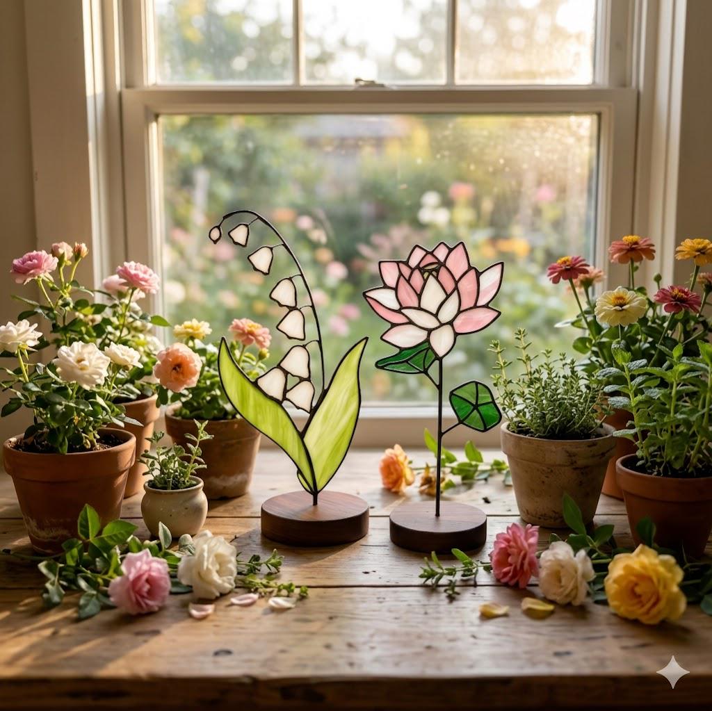 May include: A wooden table displays stained glass flower sculptures and potted plants. The sculptures include a lily of the valley and a lotus flower. The plants are in terracotta pots, with roses and other flowers in bloom. The scene is set near a window.