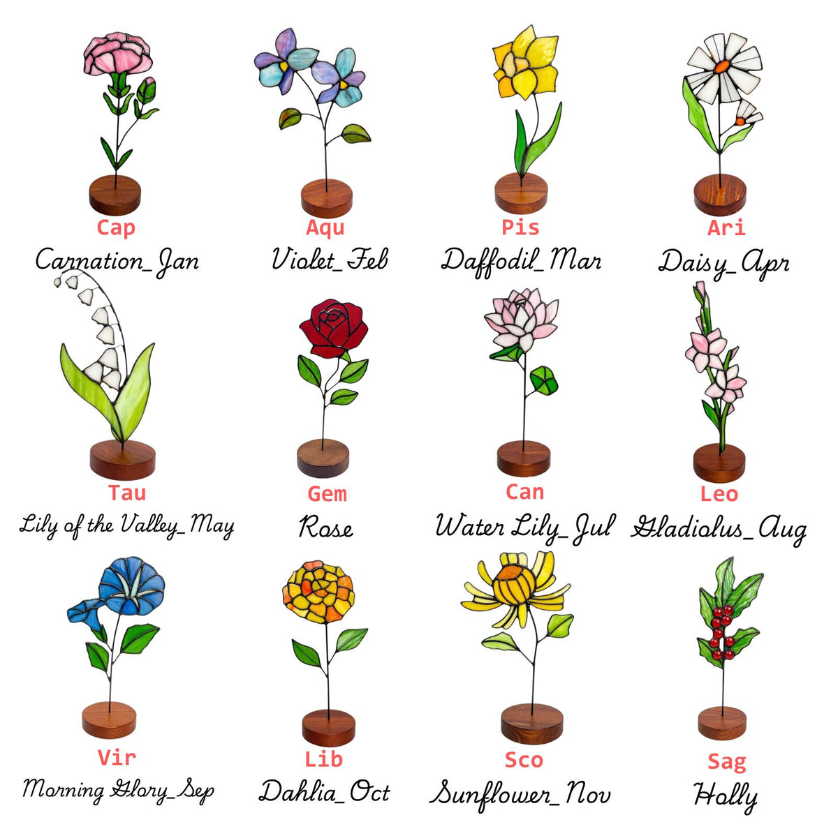 May include: A collection of twelve stained glass flower sculptures, each mounted on a wooden base. The flowers include a carnation, violet, daffodil, daisy, lily of the valley, rose, water lily, gladiolus, morning glory, dahlia, sunflower, and holly.