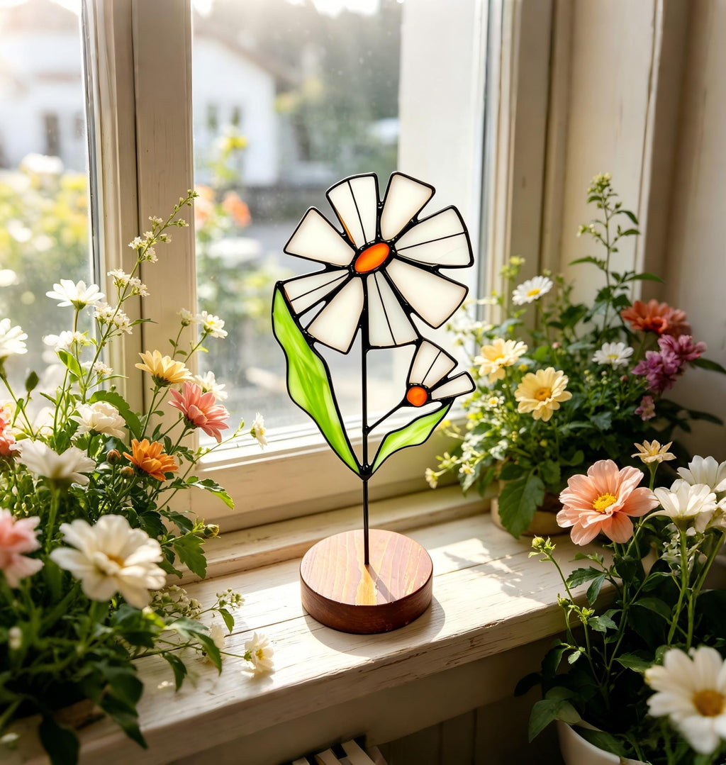 May include: A stained glass daisy sculpture with white petals, an orange center, and a green leaf. The flower is mounted on a dark metal stem and a round wooden base. The sculpture is displayed on a windowsill with various potted flowers.