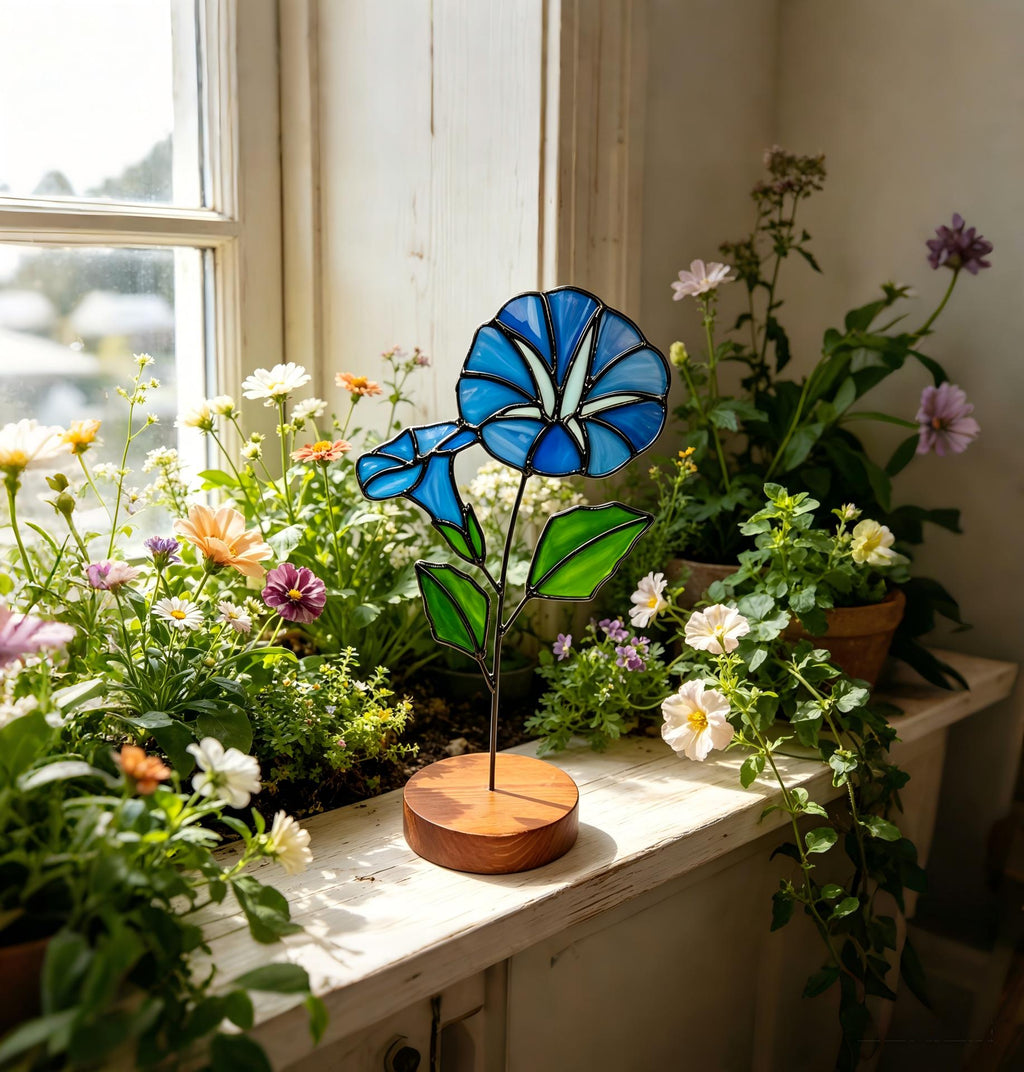 May include: A stained glass flower sculpture with blue petals and green leaves, mounted on a wooden base. The flower is set against a backdrop of various potted plants and a window.