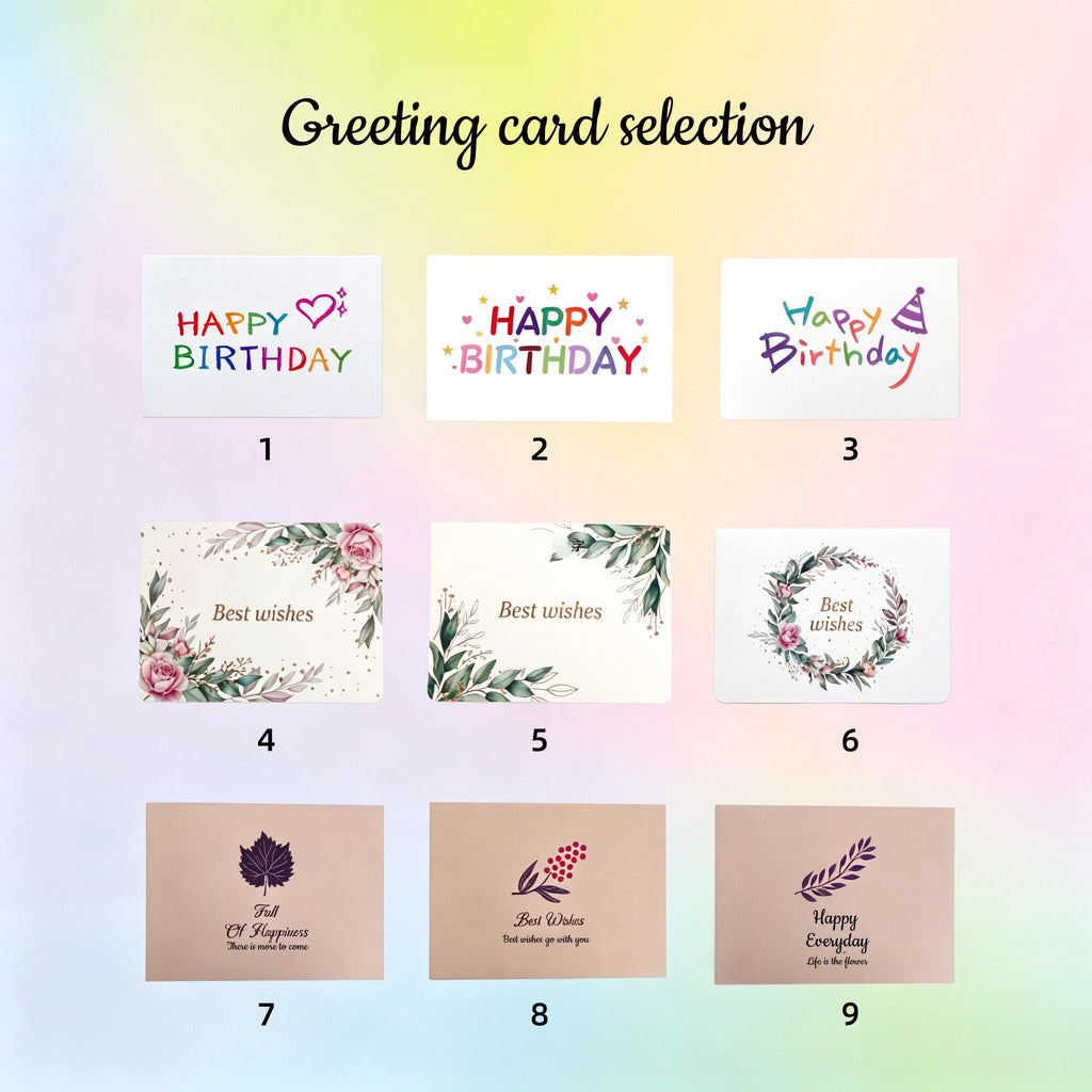 May include: A selection of greeting cards with various designs. Some cards say "Happy Birthday" in colorful fonts, while others say "Best Wishes" or "Happy Everyday". The cards feature floral and leaf designs.