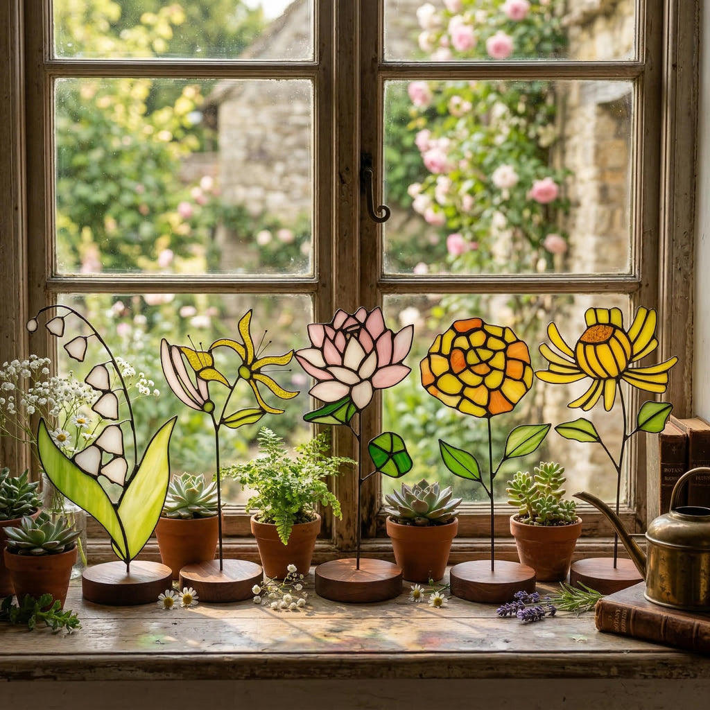 A collection of five handcrafted stained glass flowers including a white Lily of the Valley, Pink Peony, yellow Sunflower, orange Daylily, and red Dahlia. The glass bouquet is arranged by a sunlit window with soft real garden flowers blurred in the background, showing the vibrant transparency of the glass.