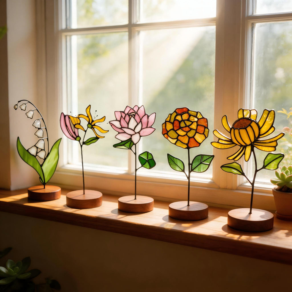 May include: Five stained glass flower sculptures in various colors, including white, pink, yellow, and orange, are displayed on a wooden windowsill. Each flower is mounted on a thin metal stem and set on a small, round wooden base. The flowers are illuminated by sunlight.