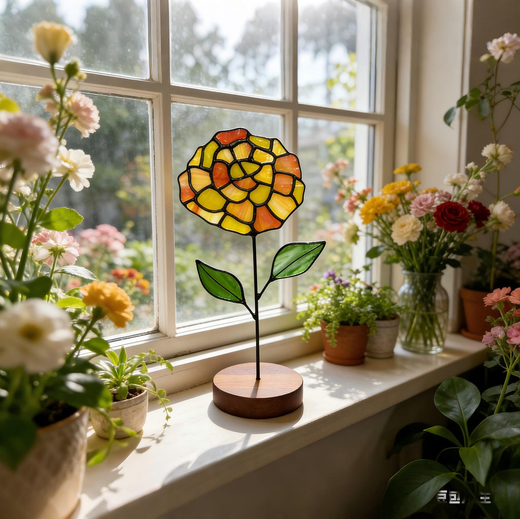 May include: A stained glass flower with yellow, orange, and red petals, green leaves, and a black stem. The flower is mounted on a wooden base. The window sill is decorated with potted plants and flowers.