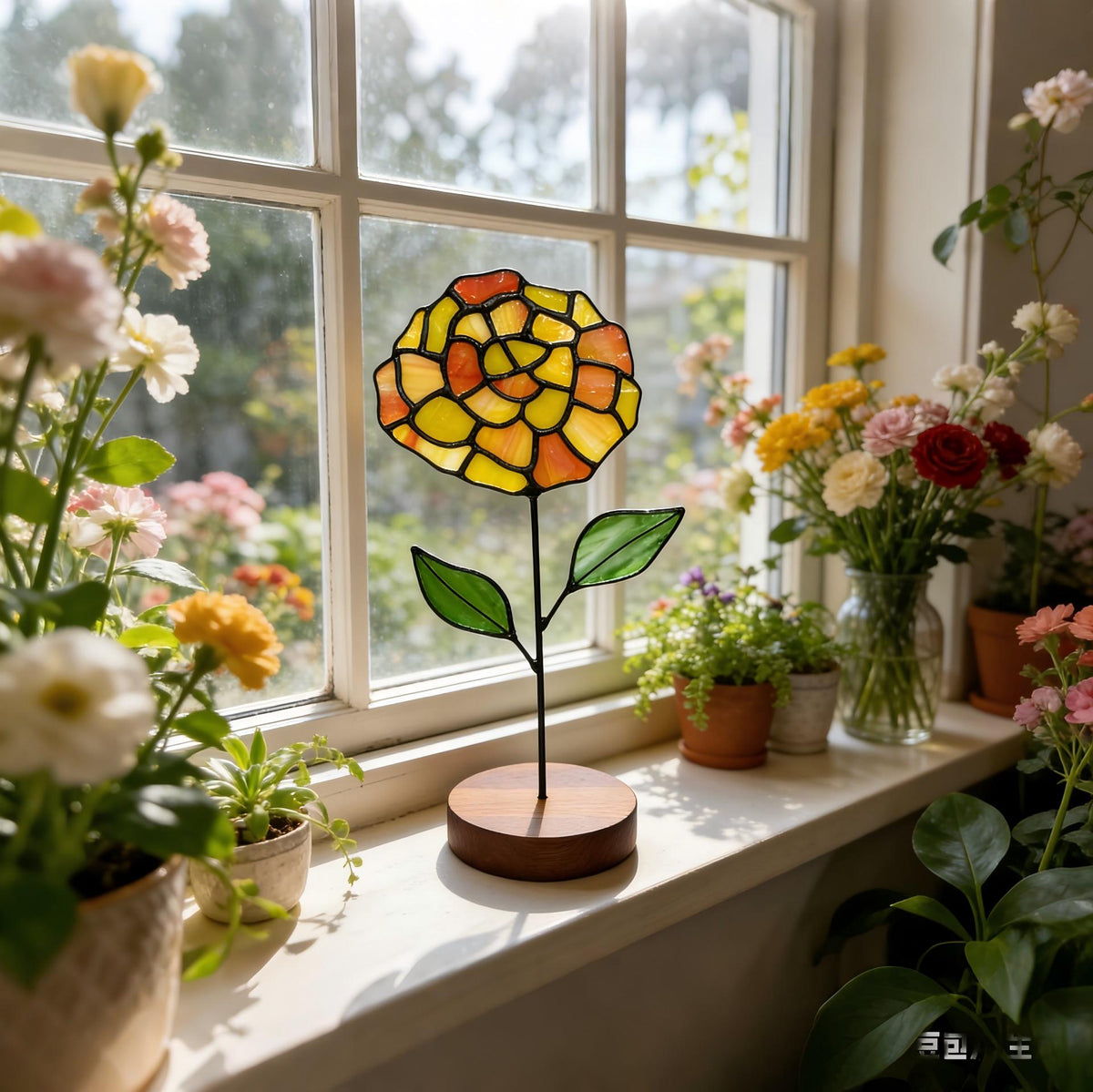 May include: A stained glass flower with yellow, orange, and red petals, green leaves, and a black stem. The flower is mounted on a wooden base. The window sill is decorated with potted plants and flowers.