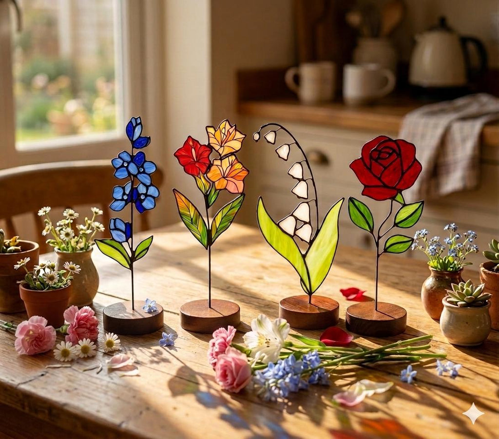 May include: Four stained glass flower sculptures on circular wooden bases. The set includes a blue delphinium, an orange and red gladiolus, a white lily of the valley, and a red rose, each featuring dark metal outlines and green glass leaves.