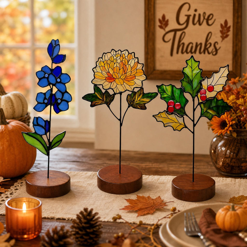 May include: Three stained glass floral ornaments on round wooden bases. The left features blue flowers with green leaves, the center a yellow chrysanthemum with green leaves, and the right a holly branch with green leaves and red berries.