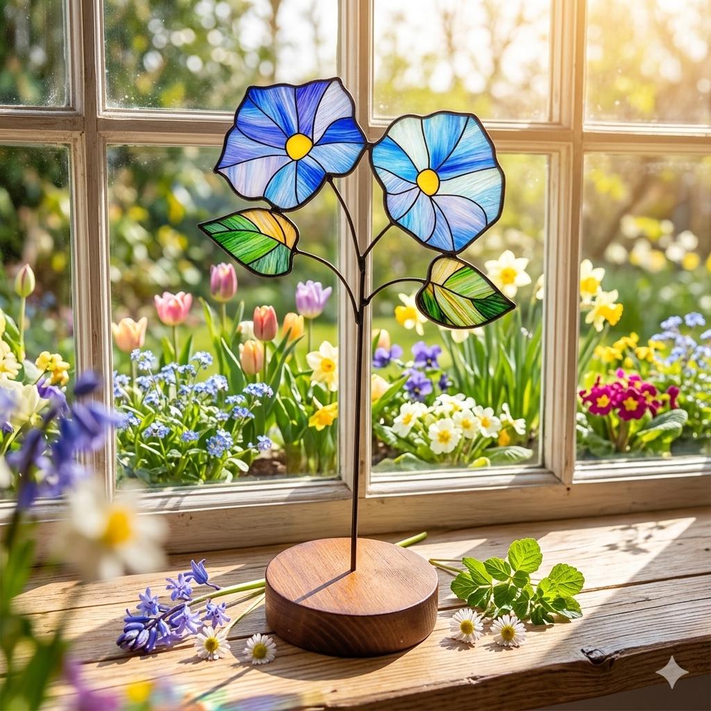 May include: A stained glass sculpture featuring two blue morning glory flowers with yellow centers and two green leaves, supported by a thin metal stem attached to a circular wooden base, displayed on a wooden surface.