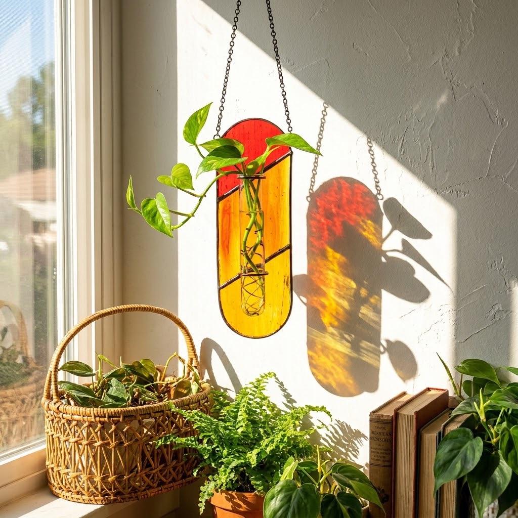 May include: A hanging stained glass wall planter with a vertical oval shape, featuring red and yellow glass panels and a central clear glass test tube holding a green plant. The piece is suspended by a metal chain and casts a colorful shadow.