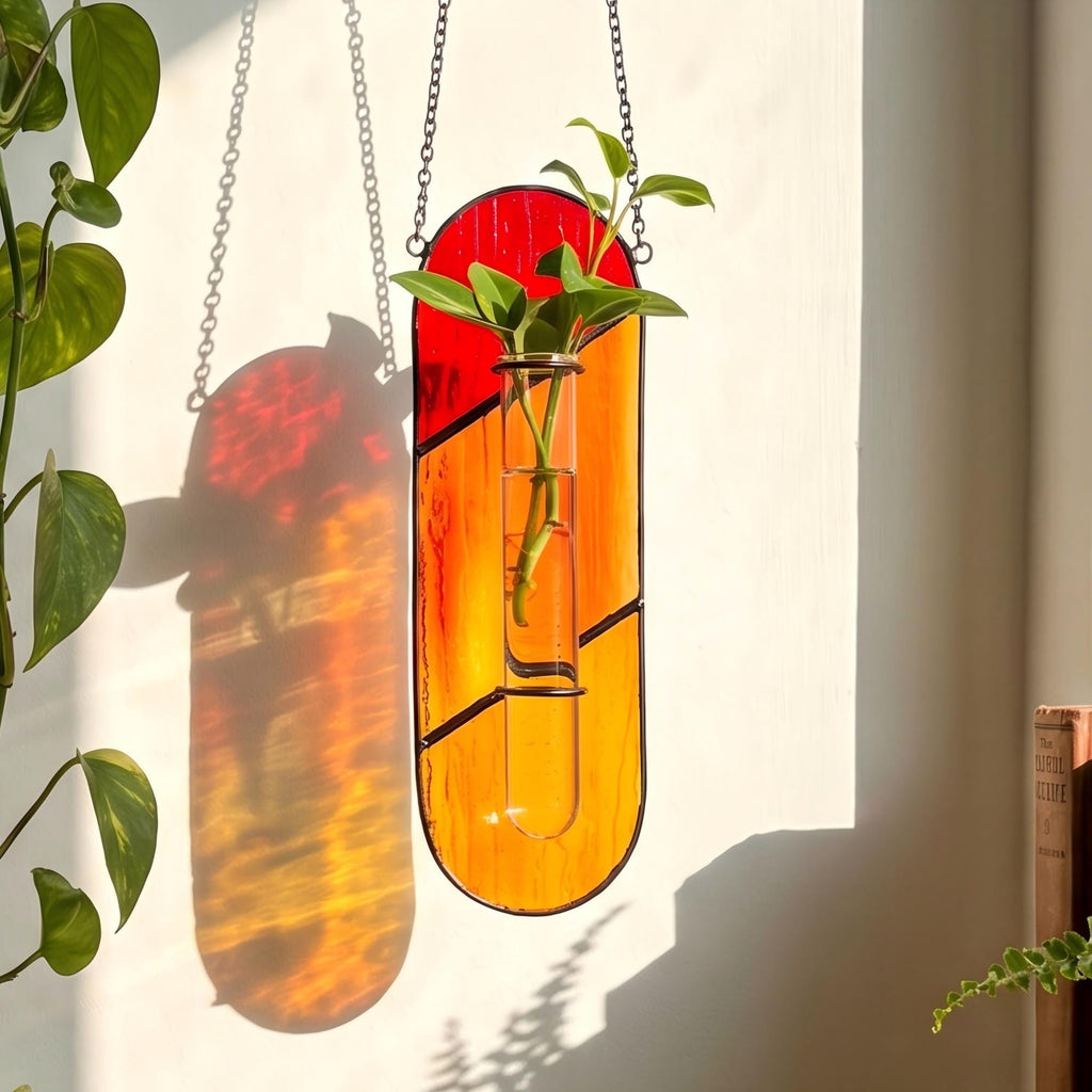 May include: A hanging stained glass wall planter with a vertical oval shape, featuring a gradient of red and orange glass panels. A clear glass test tube is mounted in the center, holding a green plant cutting with several leaves.