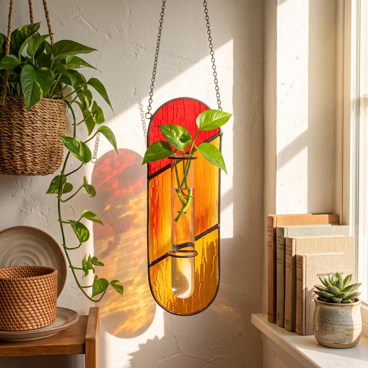 May include: A vertical, oval-shaped stained glass wall hanging featuring a gradient of red and orange textured glass. A clear glass test tube is mounted in the center, holding a green plant cutting. The piece is suspended by a silver metal chain.