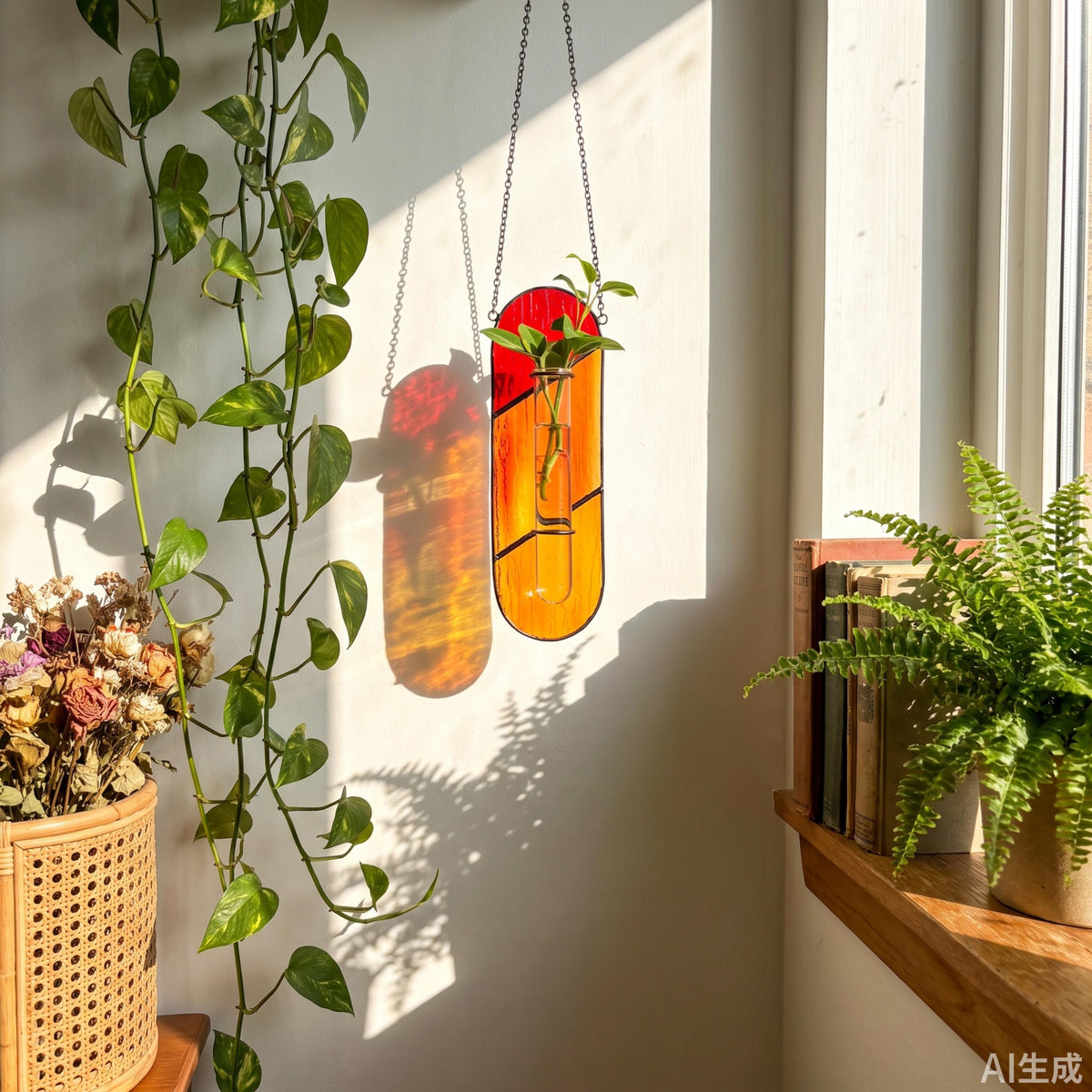 May include: A vertical stained glass wall planter featuring a gradient of red and orange hues with a clear glass test tube insert. The piece is suspended by a thin metal chain and casts a vibrant, warm-toned shadow on the wall behind it.