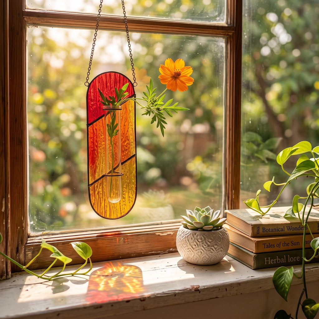 May include: A vertical oval stained glass wall hanging featuring a gradient of red, orange, and yellow textured glass. A clear glass test tube is mounted in the center, holding a single orange cosmos flower with green leaves and a thin metal chain.