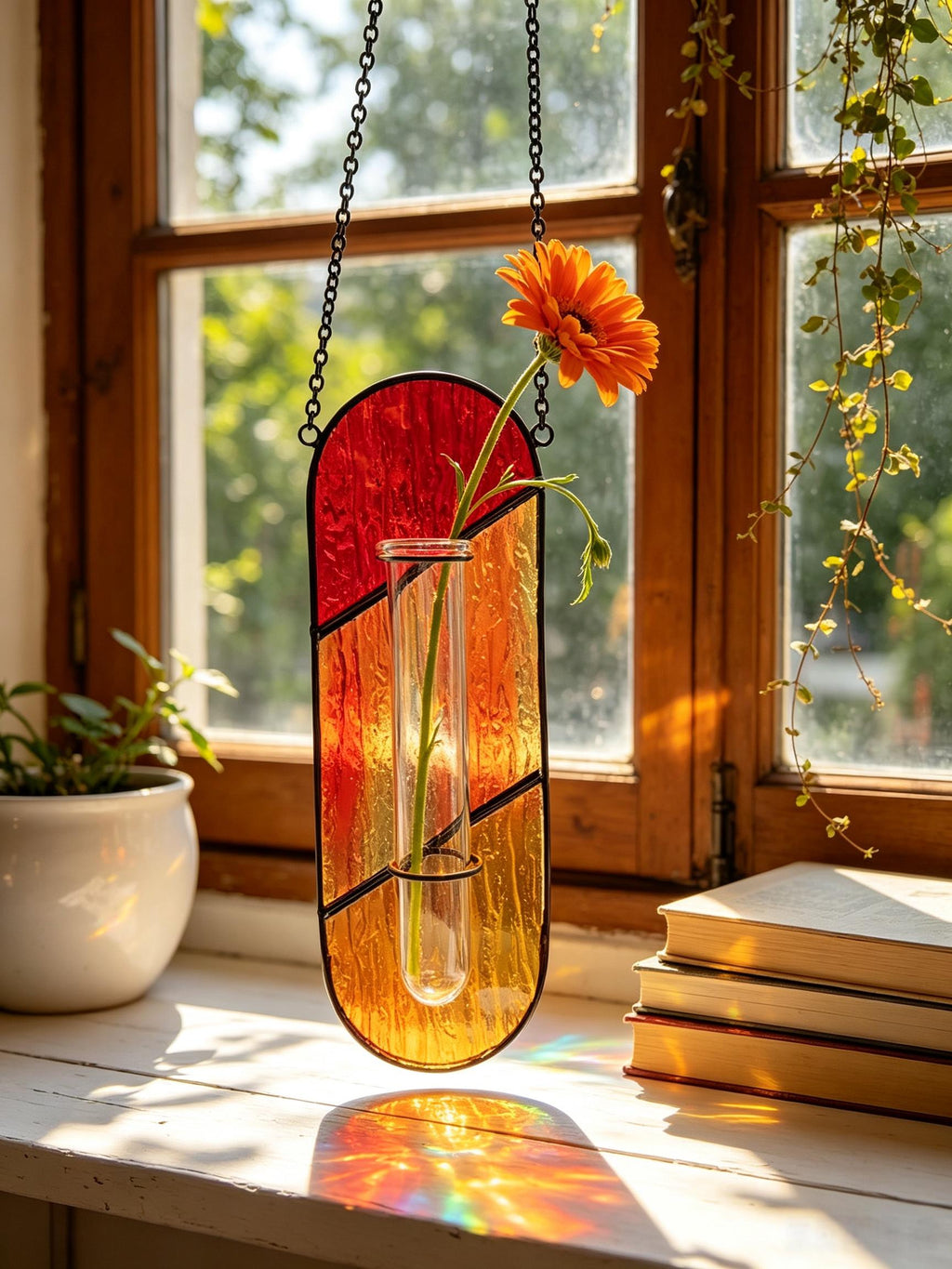 May include: A hanging stained glass wall vase with a vertical oval shape, featuring segments of red, orange, and yellow textured glass. A clear glass test tube is attached to the center, holding a single bright orange gerbera daisy flower.