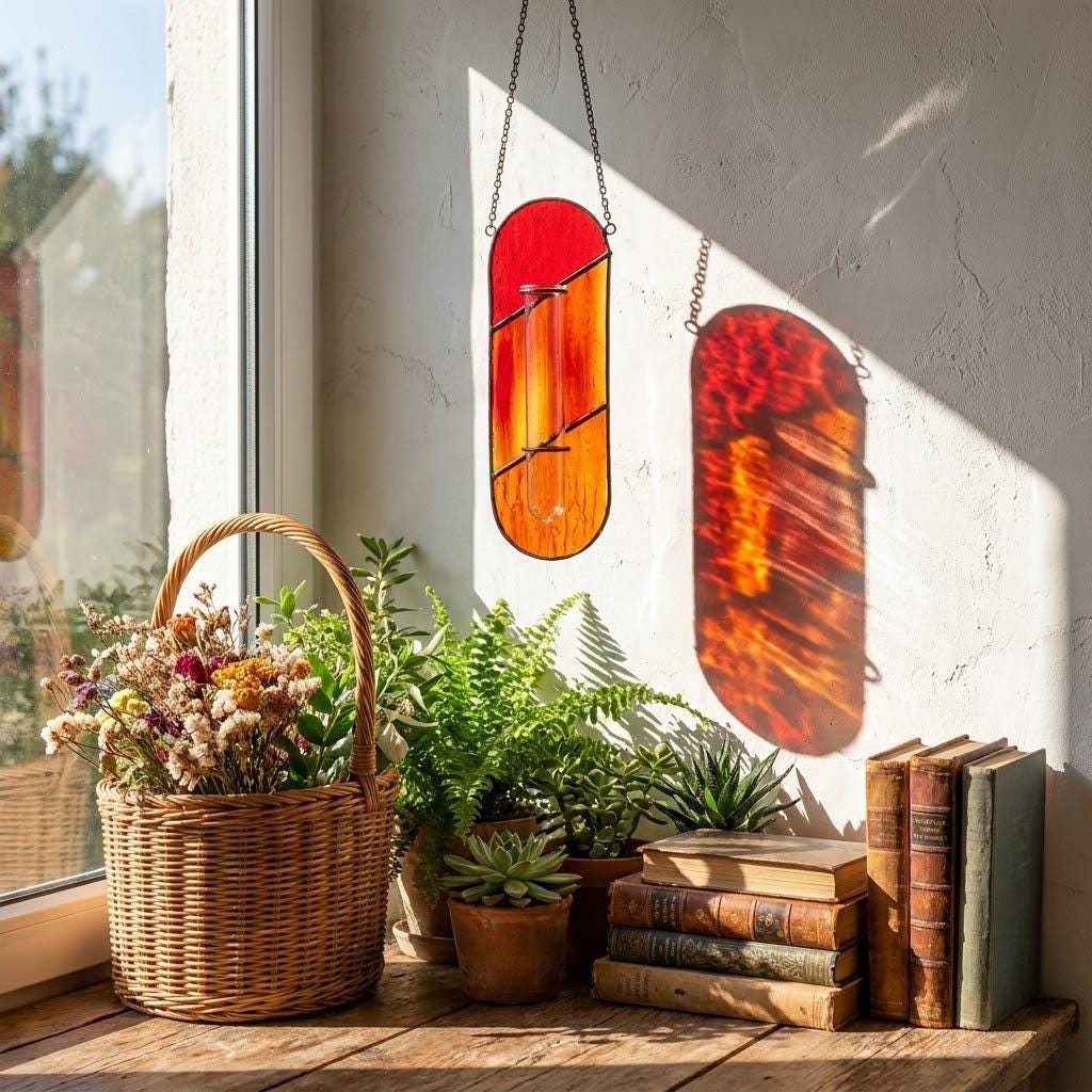 May include: A hanging stained glass wall planter with a vertical oval shape, featuring vibrant red and orange hues. It includes a clear glass tube for plant propagation, suspended by a metal chain, casting a warm, colorful light reflection.