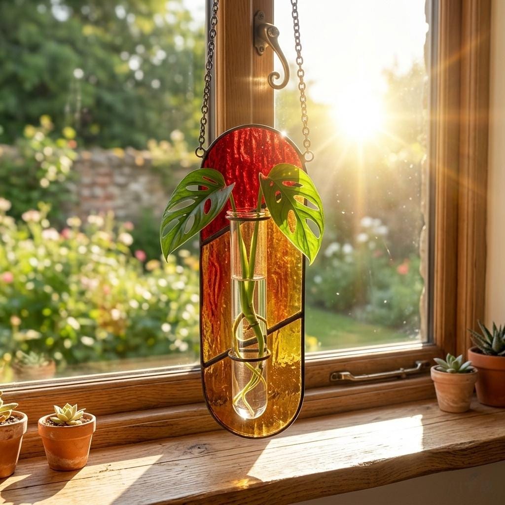 May include: A hanging stained glass propagation station featuring a vertical oval frame with red, orange, and yellow glass panels. A clear glass test tube is secured in the center, holding a green monstera adansonii cutting with visible roots.