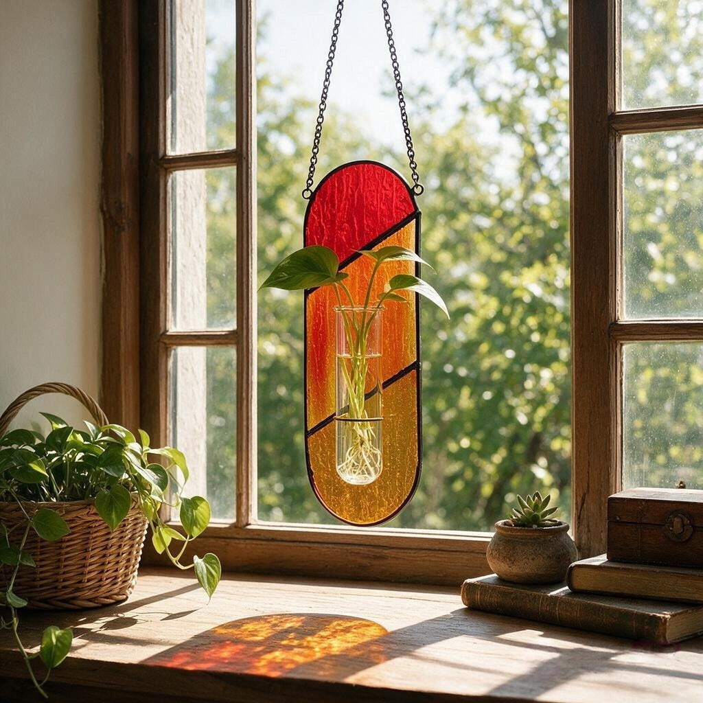 May include: A hanging stained glass plant propagation station with a vertical oval frame featuring red, orange, and yellow textured glass panels. A clear glass test tube is secured in the center, holding a green plant cutting with visible roots.