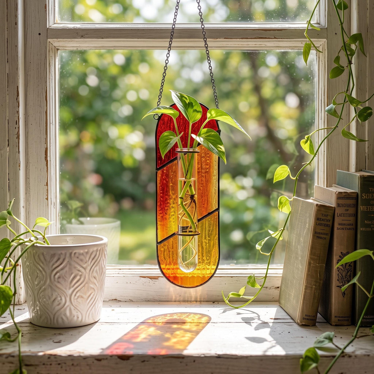 May include: A hanging stained glass wall planter with a vertical oval shape, featuring warm red and orange textured glass panels. A clear glass test tube is secured in the center, holding a green plant cutting with visible roots and stems.