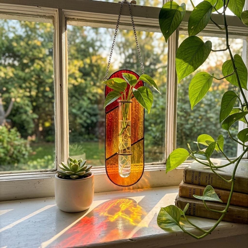May include: A stained glass wall hanging featuring a vertical oval shape with red and orange textured glass panels. A clear glass test tube is mounted in the center, holding a green plant cutting with visible roots, suspended by a silver chain.