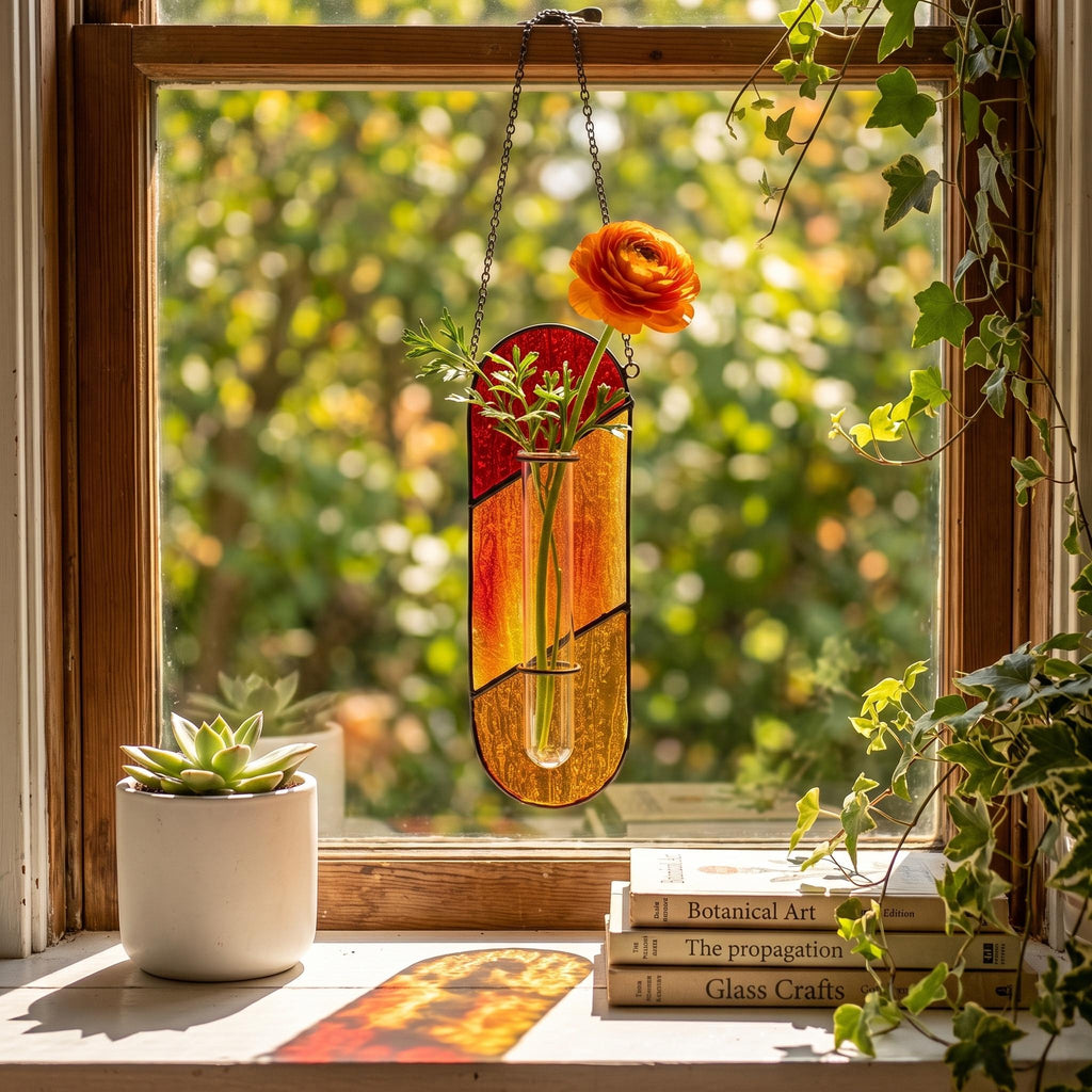 May include: A hanging stained glass wall vase with a vertical oval shape, featuring segmented panels in red, orange, and yellow. A clear glass test tube is centered within the frame, holding a single bright orange ranunculus flower.