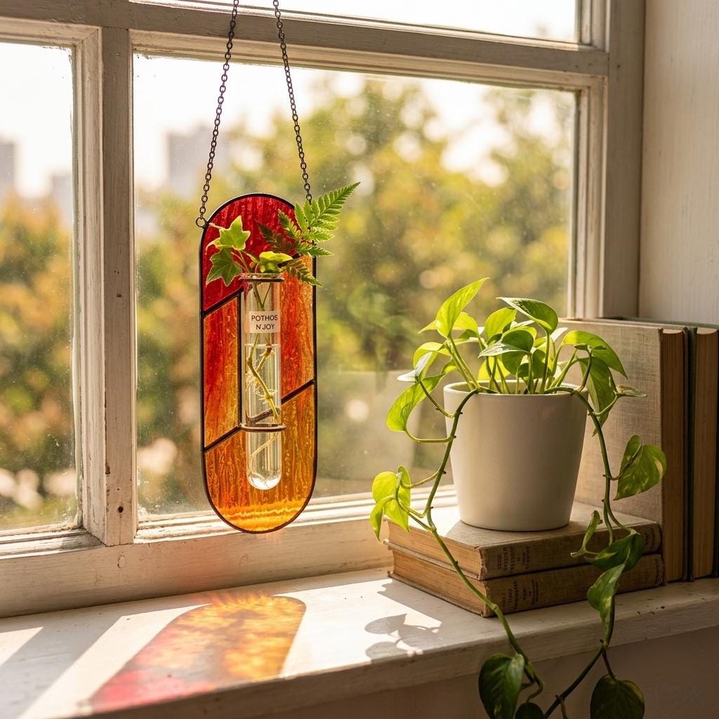 May include: A stained glass wall hanging with a red and orange oval frame, featuring a central clear glass test tube containing green plant cuttings. The test tube has a small white label with the text POTHOS N JOY printed in black ink.