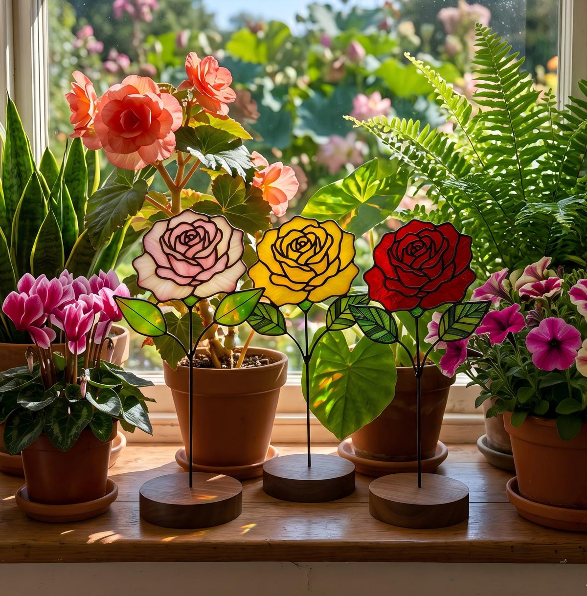 May include: Three stained glass rose sculptures in pink, yellow, and red, each mounted on a thin black metal stem and a circular wooden base. The roses feature distinct black lead lines and green glass leaves, displayed on a windowsill.