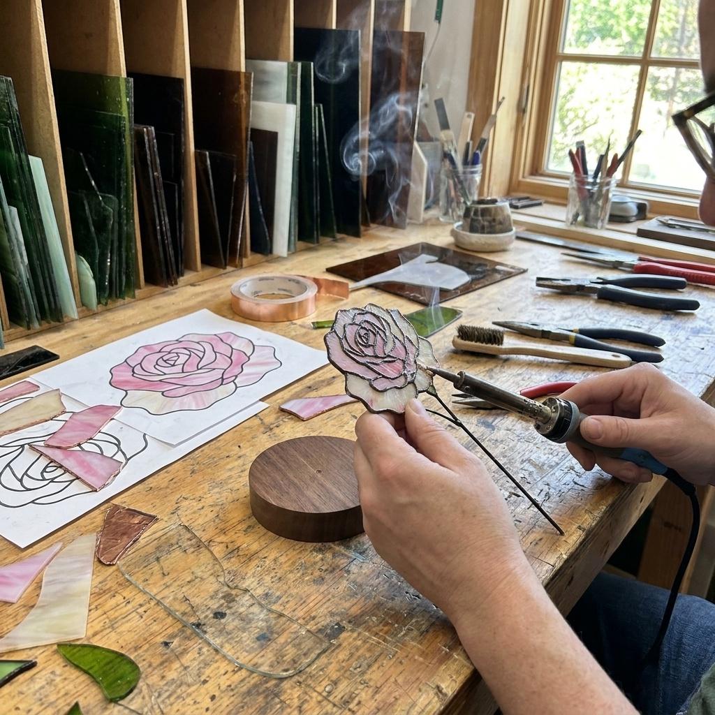 May include: A stained glass rose being soldered with a handheld tool on a wooden workbench. The workspace includes a paper pattern of a rose, various glass shards, a roll of copper foil tape, pliers, and a small wooden circular base.