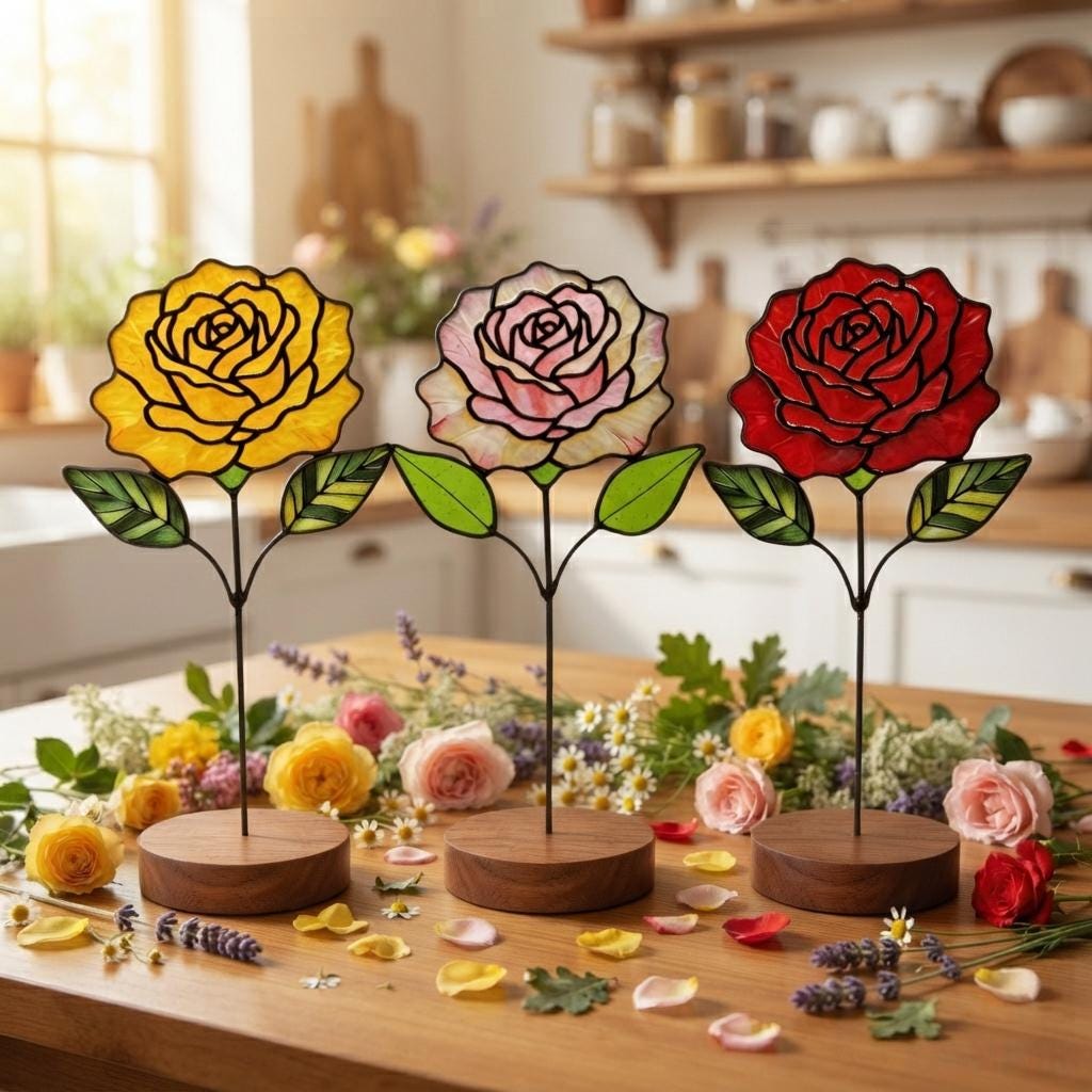 May include: Three stained glass rose sculptures on wooden bases. The left rose is yellow, the center rose is light pink, and the right rose is red. Each flower features black metal outlines and green glass leaves attached to a thin black metal stem.