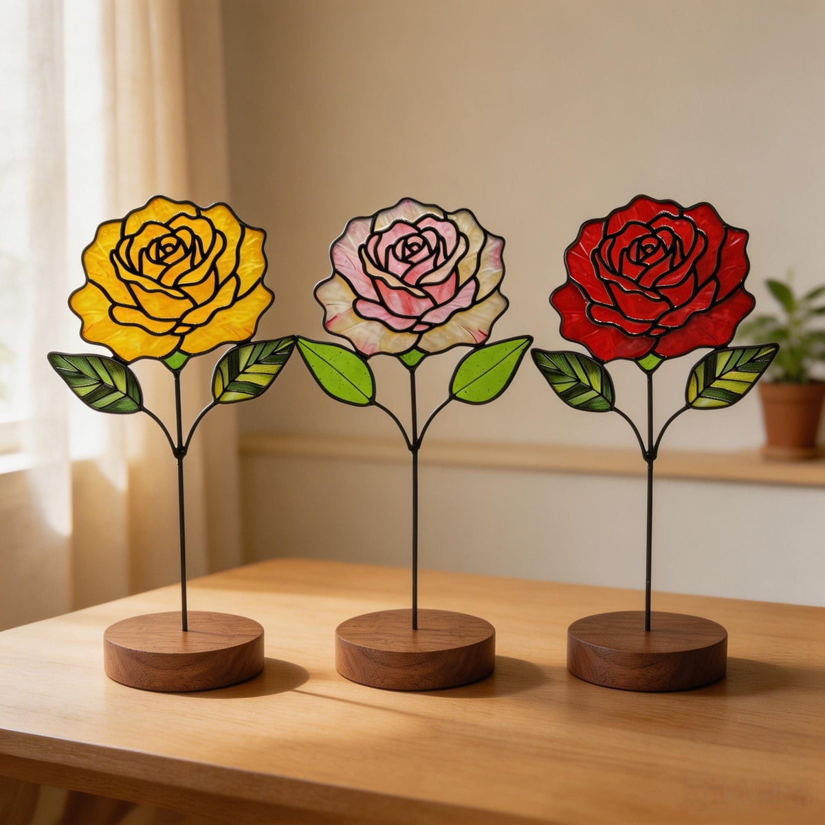 May include: Three stained glass rose sculptures on wooden bases. The left rose is yellow, the center rose is pale pink and white, and the right rose is red. Each flower features green glass leaves on a thin black metal stem and a round wooden base.