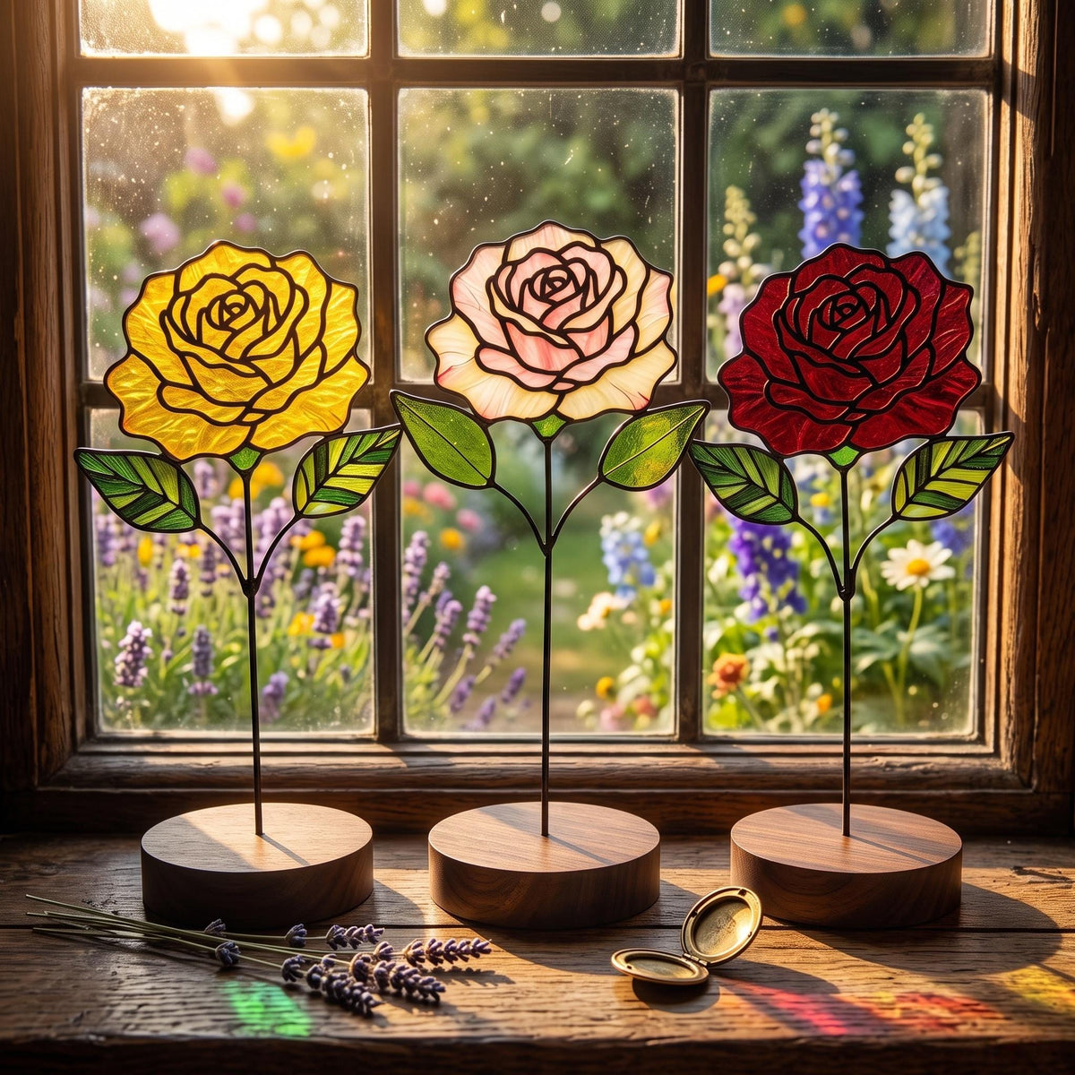 May include: Three stained glass rose sculptures in yellow, pale pink, and deep red, each featuring green leaves and a thin black metal stem. The roses are mounted on circular wooden bases and positioned on a wooden surface with lavender sprigs.