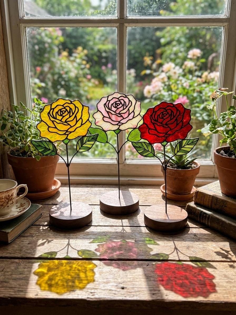 May include: Three stained glass rose sculptures in yellow, pale pink, and red, each featuring green leaves and a thin metal stem. The flowers are mounted on circular wooden bases and cast colorful light reflections onto the wooden surface.
